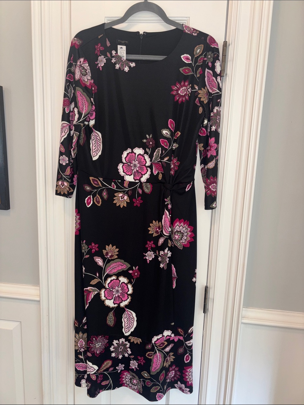 Talbots Black Long Sleeve Floral Tie-Waist Midi Dress in Pink and Cream Accents